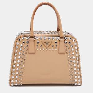 Pre Owned Prada Beige Saffiano Patent Leather Studded Pyramid Frame Satchel