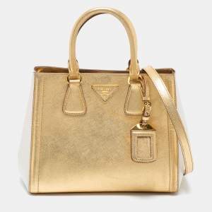 Pre Owned Prada Gold/White Saffiano Lux Leather Small Tote