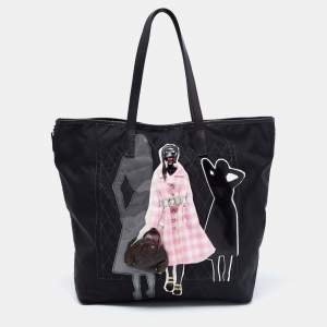 Pre Owned Prada Black Leather And Nylon Tessuto Robot Tote 