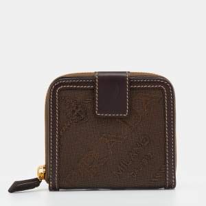 Pre Owned Prada Brown Logo Jacquard And Leather Compact Wallet