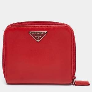 Pre Owned Prada Red Saffiano Leather Zip Around Compact Wallet