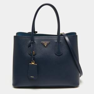 Pre Owned Prada Dark Blue Saffiano Leather Double Tote Bag