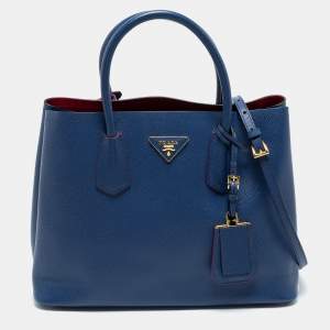 Pre Owned Prada Blue Saffiano Cuir Leather Medium Double Handle Tote