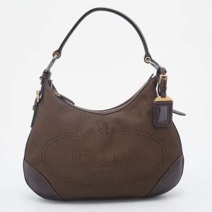 Pre Owned Prada Brown Logo Jacquard And Leather Hobo