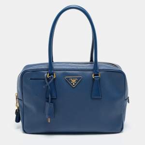 Pre Owned Prada Blue Saffiano Lux Leather Medium Bauletto Satchel