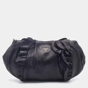 Pre Owned Prada Black Leather Ruffle Shoulder Bag