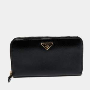 Pre Owned Prada Black Saffiano Vernice Leather Zip Around Wallet
