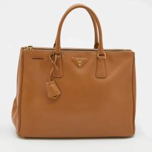 Pre Owned Prada Caramel Brown Saffiano Lux Leather Large Double Zip Tote