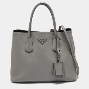 Pre Owned Prada Grey Saffiano Cuir Leather Medium Double Handle Tote