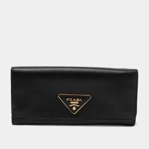 Pre Owned Prada Black Saffiano Triangle Logo Continental Flap Wallet