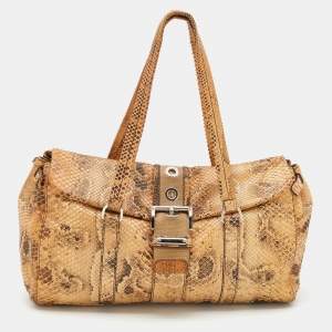 Pre Owned Prada Beige Python Buckle Flap Satchel