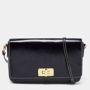 Pre Owned Prada Black Saffiano Vernice Leather Turnlock Crossbody Bag
