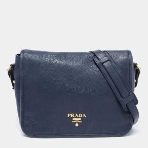 Pre Owned Prada Navy Blue Vitello Daino Leather Phenix Flap Crossbody Bag