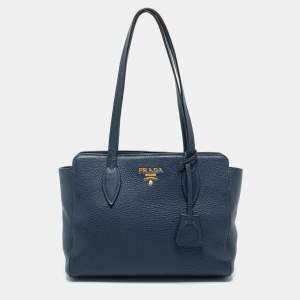 Pre Owned Prada Navy Blue Leather Vitello Phenix Small Tote