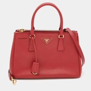 Pre Owned Prada Red Saffiano Leather Small Double Zip Tote
