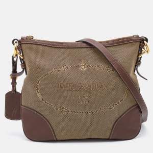 Pre Owned Prada Olive Green/Brown Canvas And Leather Canapa Logo Shoulder Bag