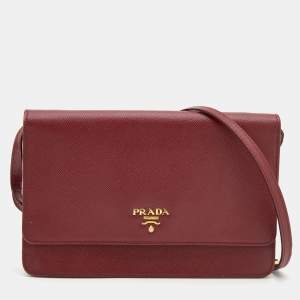 Pre Owned Prada Burgundy Saffiano Leather Wallet On Strap