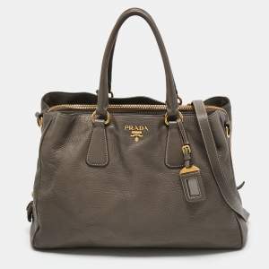 Pre Owned Prada Dark Beige Cervo Leather Side Zipped Tote
