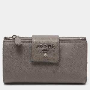 Pre Owned Prada Grey Saffiano Leather Flap Continental Wallet