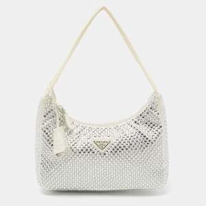 Pre Owned Prada White Satin Crystal Embellished Re-Edition 2000 Baguette