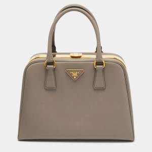 Prada Grey Saffiano Lux Leather Pyramid Frame Satchel