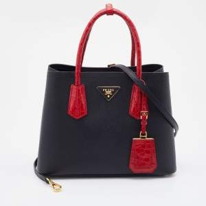 Pre Owned Prada Black/Red Saffiano Cuir Leather and Crocodile Double Tote