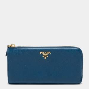 Prada Blue Vitello Daino Leather Zip Around Continental Wallet