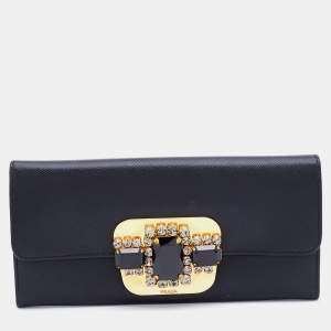 Pre Owned Prada Black Leather Crystal Embellished Continental Wallet