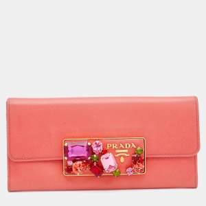 Prada Coral Leather Crystal Embellished Continental Wallet