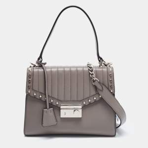 Pre Owned Prada Grey Studded Leather Sound Top Handle Bag