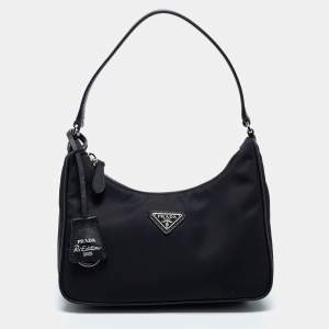 Pre Owned Prada Black Tessuto Nylon Mini Re-Edition 2005 Baguette Bag