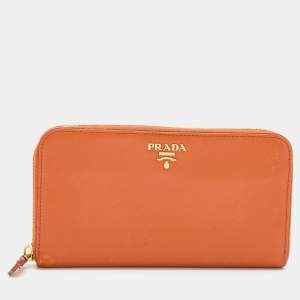 Pre Owned Prada Orange Saffiano Leather Zip Around Continental Wallet
