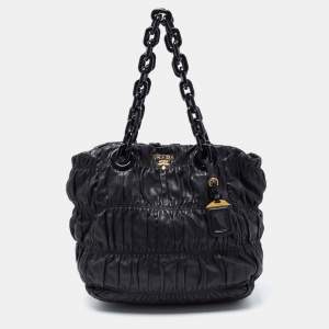 Pre Owned Prada Black Gaufre Leather Chain Tote
