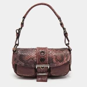 Prada Purple Nylon, Python and Crocodile Leather Buckle Flap Baguette Bag