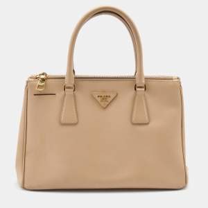 Pre Owned Prada Beige Saffiano Leather Small Double Zip Tote