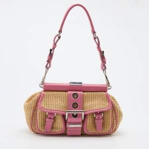Pre Owned Prada Beige/Pink Woven Straw and Leather Shoulder Bag