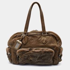 Pre Owned Prada Olive Green Leather Washed Boston Bag