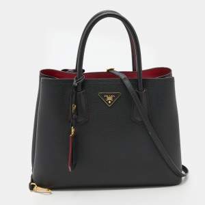 Pre Owned Prada Black Saffiano Leather Medium Double Tote Bag