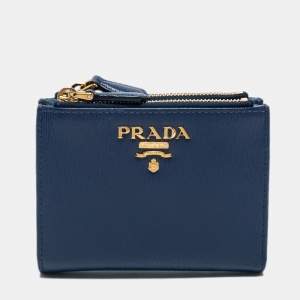Pre Owned Prada Two Tone Blue Move Leather Double Zip Bifold Wallet