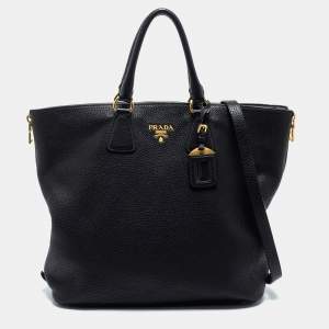 Pre Owned Prada Black Vitello Diano Leather Side Zip Shopper Tote