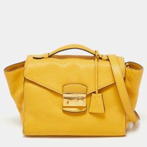 Pre Owned Prada Yellow Vitello Daino Leather Sound Flap Top Handle Bag