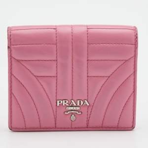 Prada Pink Quilted Leather Logo Embellished Bifold Wallet