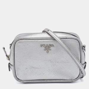 Prada Silver Leather Camera Crossbody Bag