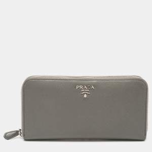 Prada Grey Saffiano Lux Leather Zip Around Continental Wallet