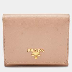 Prada Beige Saffiano Leather Trifold Compact Wallet