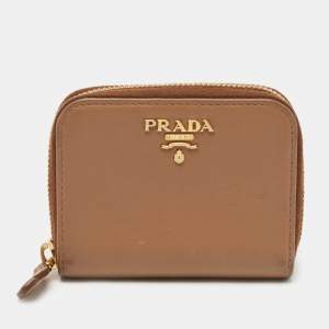 Prada Brown Leather Zip Around Compact Wallet