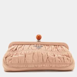 Prada Beige Leather Cipria Gaufre Frame Clutch