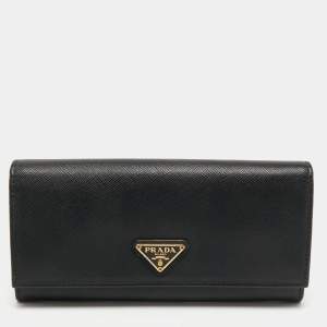 Prada Black Saffiano Metal Leather Logo Flap Continental Wallet