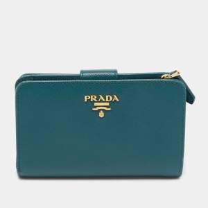 Prada Teal Green Saffiano Metal Leather Flap French Wallet