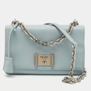 Prada Blue Saffiano Lux Leather Metal Closure Chain Shoulder Bag